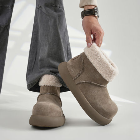 冬季加绒保暖雪地靴男女款厚底毛毛短靴皮毛一体东北情侣勃肯棉鞋