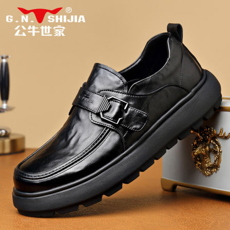 公牛世家皮鞋男款冬季商务一脚蹬豆豆鞋男士休闲防滑黑色公务鞋男