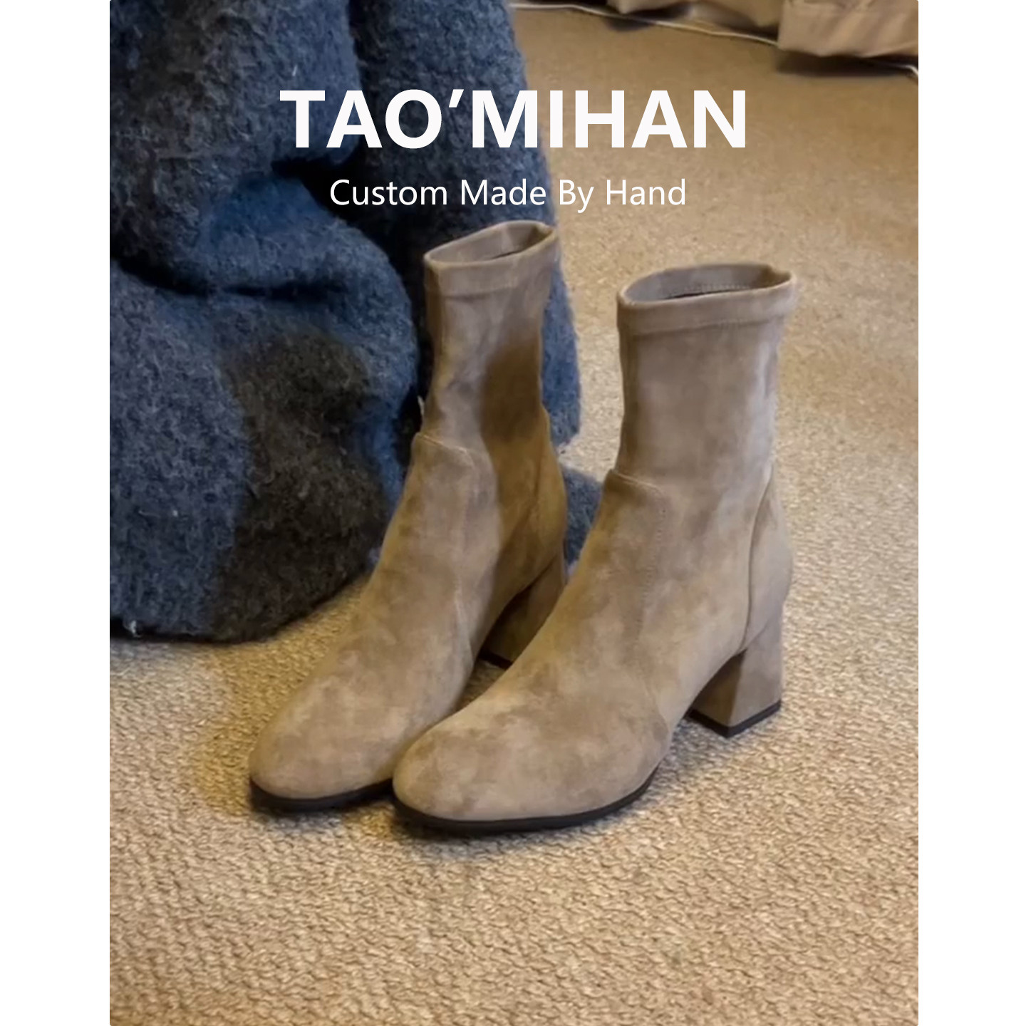 真皮增高7cm加绒高跟鞋短靴女2025秋冬季新款粗跟绒面瘦瘦靴子主图