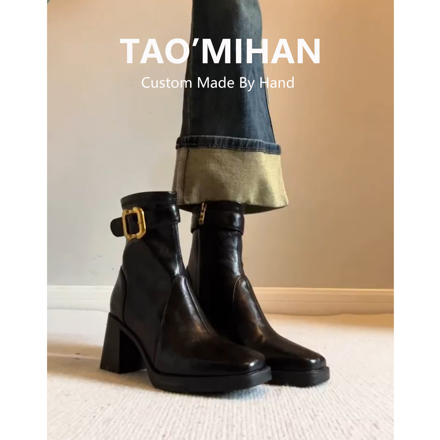 真皮高跟鞋厚底短靴女2025秋冬加绒新款黑色瘦瘦靴方头粗跟马丁靴主图