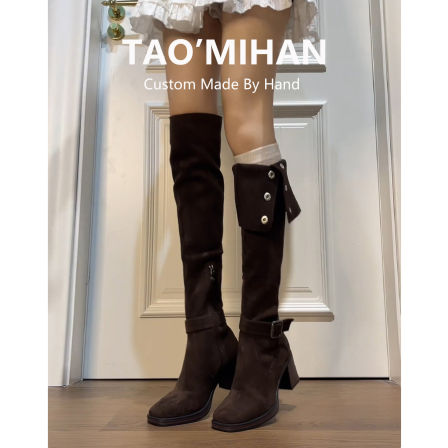 真皮~增高7cm高跟长筒靴女2025新款棕色高筒骑士靴粗跟过膝长靴子