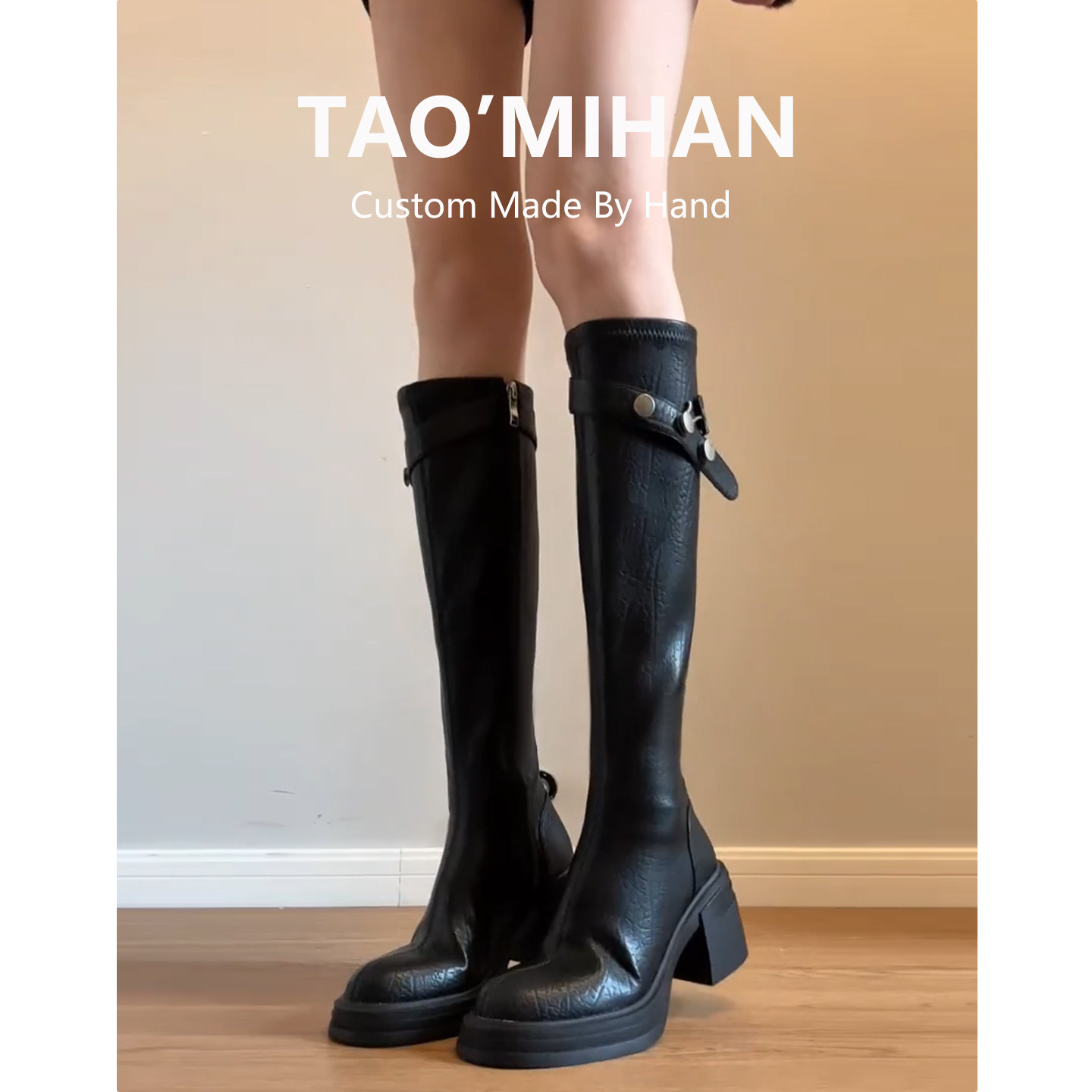 真皮厚底高跟长筒靴女2025冬季新款加绒黑色长靴粗跟高筒骑士靴子主图