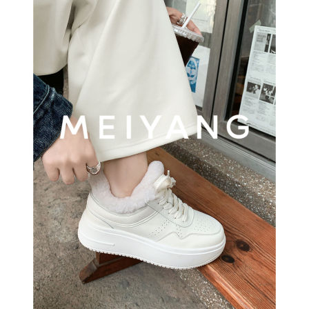美洋MEIYANG 毛毛年糕休闲鞋 加绒保暖厚底简约小白鞋板鞋-周二