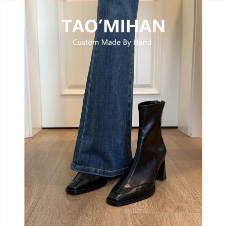 高跟鞋短靴女2025秋冬季新款方头马丁靴黑色加绒粗跟弹力瘦瘦靴子