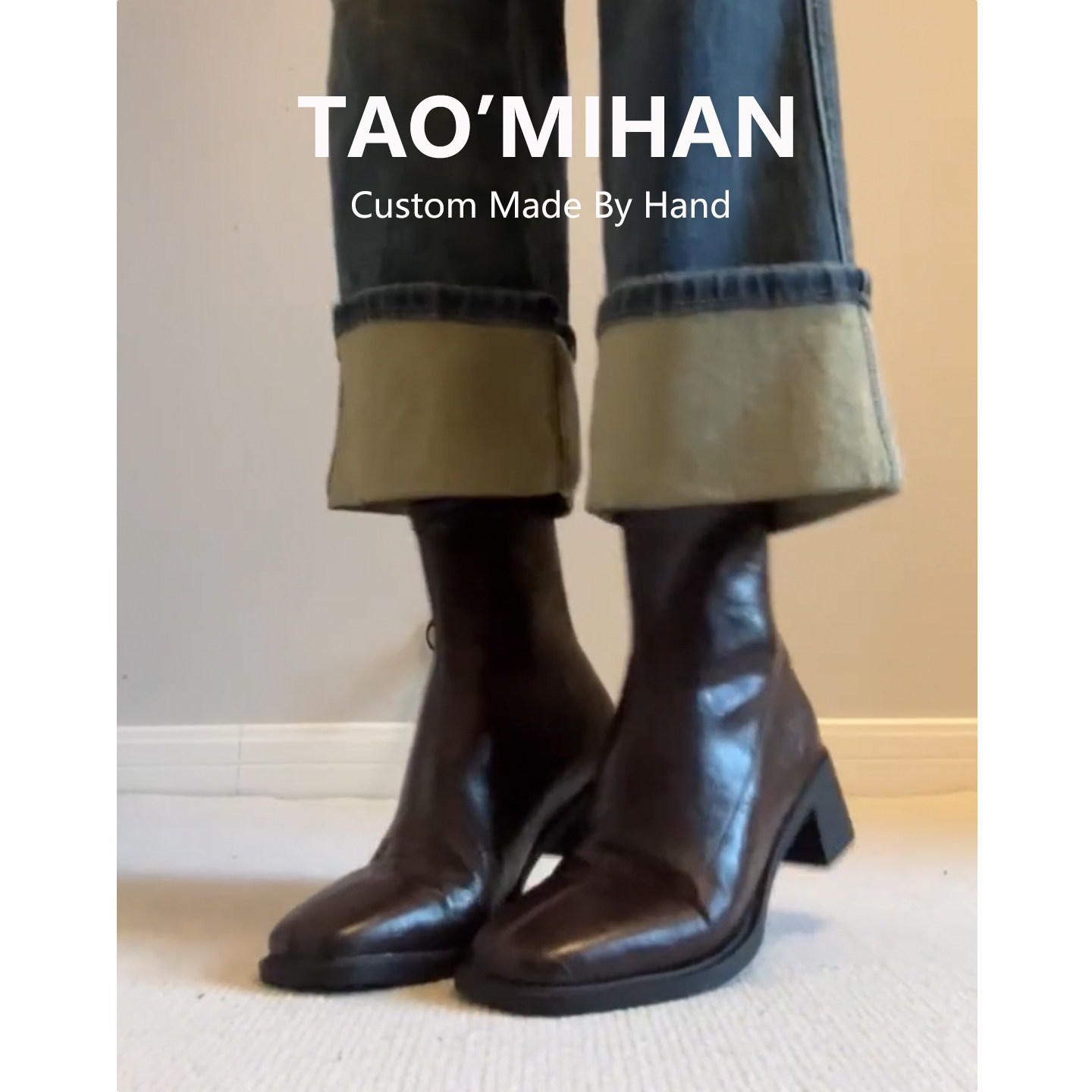 真皮方头棕色瘦瘦靴女2025秋冬季加绒新款粗跟马丁靴高跟鞋短靴子主图