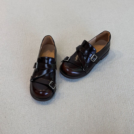 牛皮版~英伦风圆头皮带扣一脚蹬乐福鞋女深口单鞋复古粗跟小皮鞋