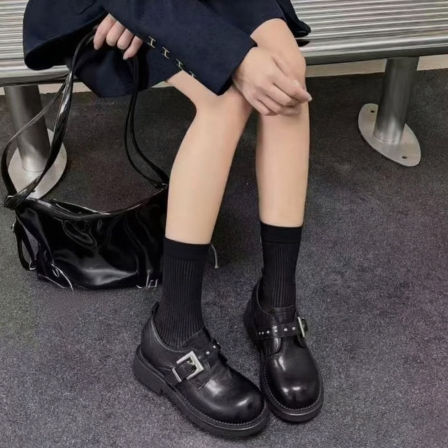 牛皮版~厚底增高英伦风皮带扣乐福单鞋深口圆头复古粗跟小皮鞋女