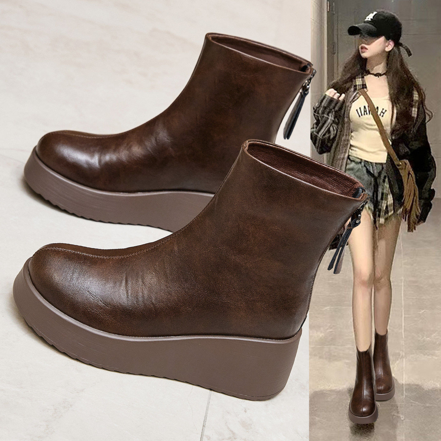 厚底增高时尚加绒马丁靴女2025秋冬新款百搭爆款显瘦休闲瘦瘦短靴主图