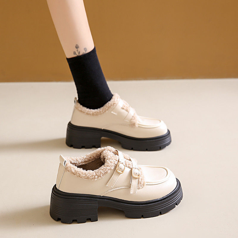 厚底粗跟加绒保暖乐福棉鞋女2025秋冬季新款百搭英伦风单鞋小皮鞋主图
