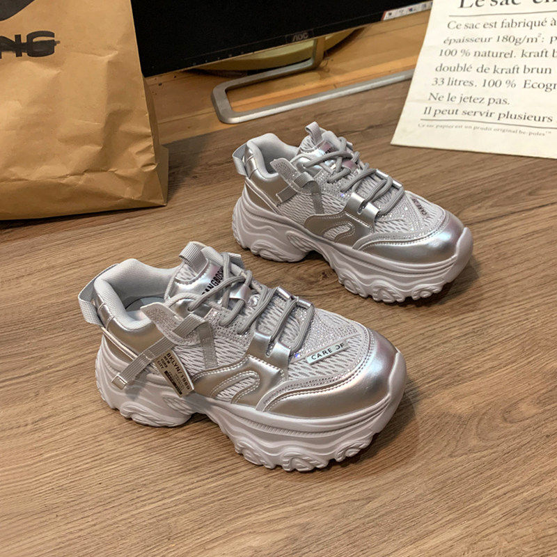 厚底增高水钻银色老爹鞋女2025秋冬季新款百搭爆款潮流休闲运动鞋主图