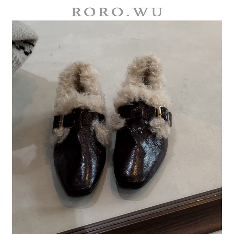 娆娆吴羊皮法式复古加绒保暖皮带扣毛毛鞋冬季新款单鞋女粗跟X02主图