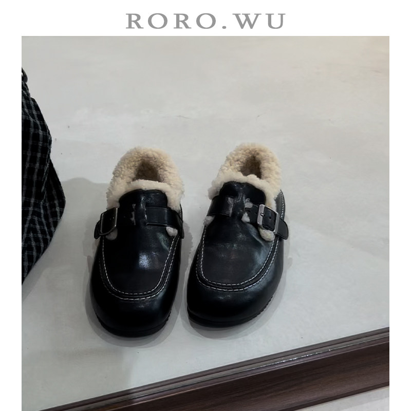 娆娆吴水洗牛皮复古单鞋走线皮带扣棉鞋秋冬新款包跟毛毛鞋女E61主图