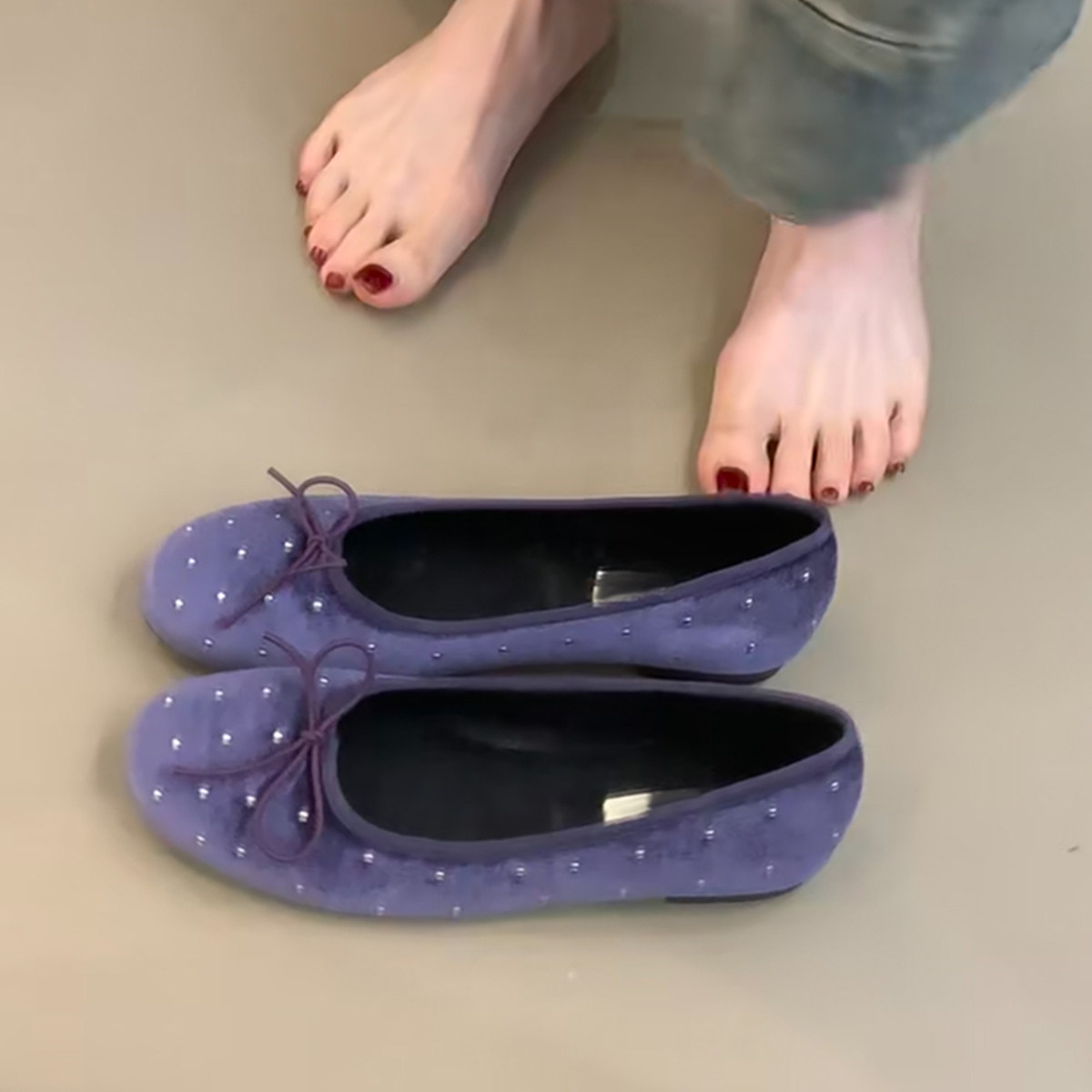 羊皮版~小众时尚小香风蝴蝶结设计浅口单鞋女一脚蹬舒适平底单鞋主图