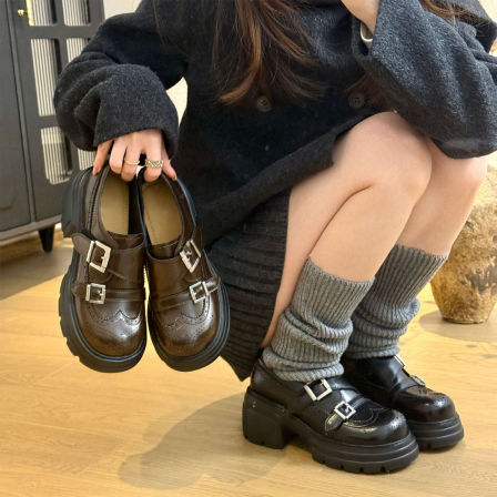 牛皮版~厚底小个子布洛克雕花乐福鞋一脚蹬复古英伦风粗跟小皮鞋