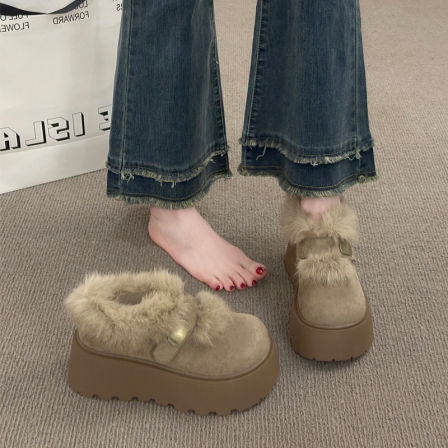 2025冬季新款毛绒雪地靴女厚底保暖短靴加绒增高毛毛鞋东北大棉鞋