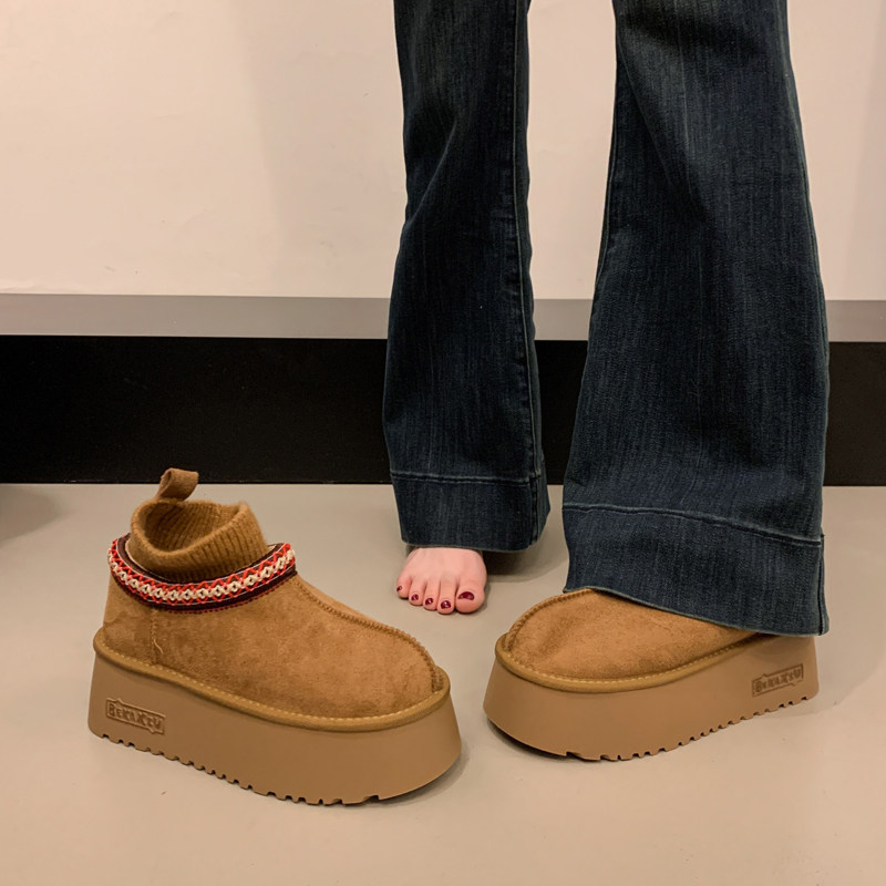 增高厚底雪地靴女款2025新款冬季加绒民族风袜靴东北保暖勃肯棉鞋主图