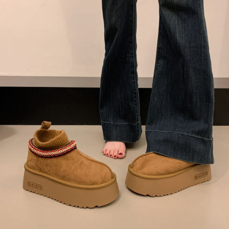 增高厚底雪地靴女款2025新款冬季加绒民族风袜靴东北保暖勃肯棉鞋