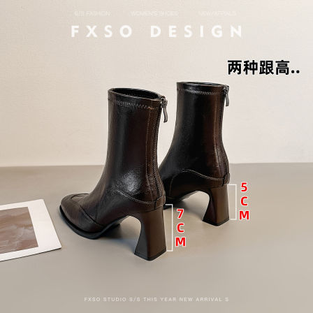 【方巷大叔】2025冬季新款黑色高跟鞋女粗跟增高小个子瘦瘦短靴子