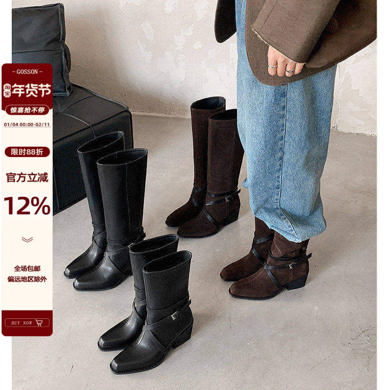 戈森定制宅女同款靴子尖头长筒靴女2026中筒高跟机车靴高筒骑行靴主图