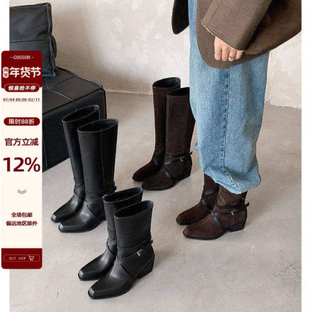 戈森定制宅女同款靴子尖头长筒靴女2026中筒高跟机车靴高筒骑行靴