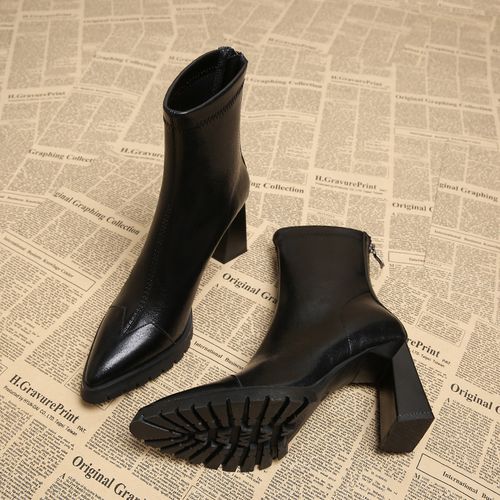 赵露思同款羊皮版~美拉德真皮增高厚底防水台粗跟短靴瘦瘦靴尖头主图