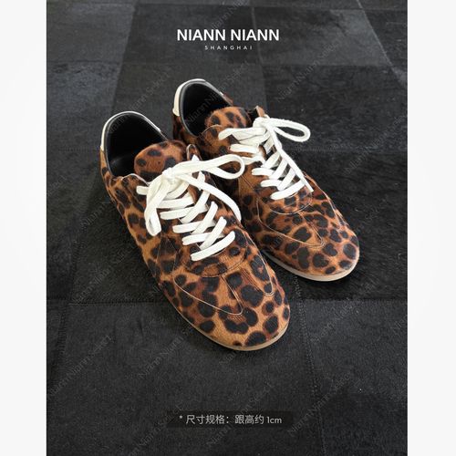  NiannNiann新款美式复古胎马毛内里羊皮豹纹方头德训休闲鞋16628主图