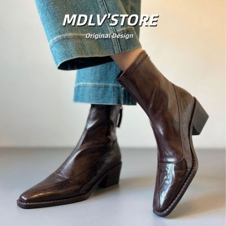 软羊皮~复古高跟鞋弹力瘦瘦靴女秋冬新款方头马丁靴女粗跟短靴子