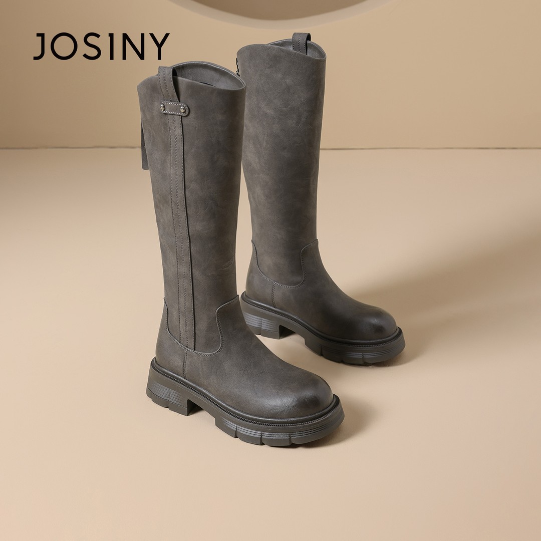 卓诗尼厚底长筒靴女2025秋冬新款不过膝长靴高筒骑士靴灰色牛仔靴主图