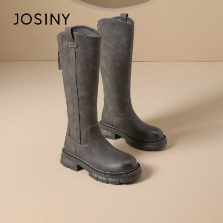 卓诗尼厚底长筒靴女2025秋冬新款不过膝长靴高筒骑士靴灰色牛仔靴