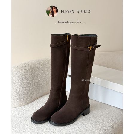 【王11】有加大筒围 秋冬复古牛皮金属扣显瘦骑士长靴 4CM/可遇