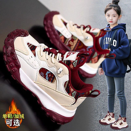 童鞋女童棉鞋2025新款冬季儿童加绒保暖运动鞋大童女孩红色老爹鞋