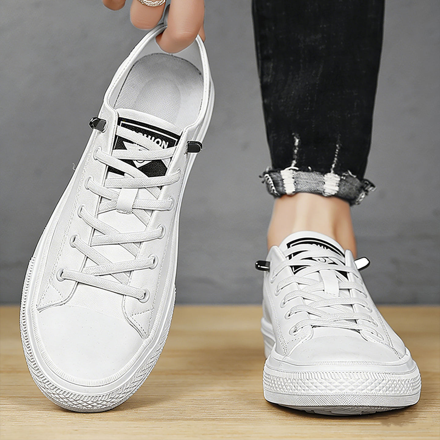 男士平底超轻白色板鞋无鞋带青少年透气潮流百搭一脚蹬西装小白鞋主图