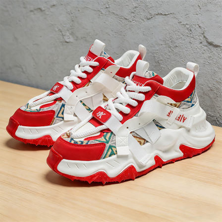 红色鞋子马年男生潮流本命年男鞋厚底耐磨青少年高级感增高老爹鞋