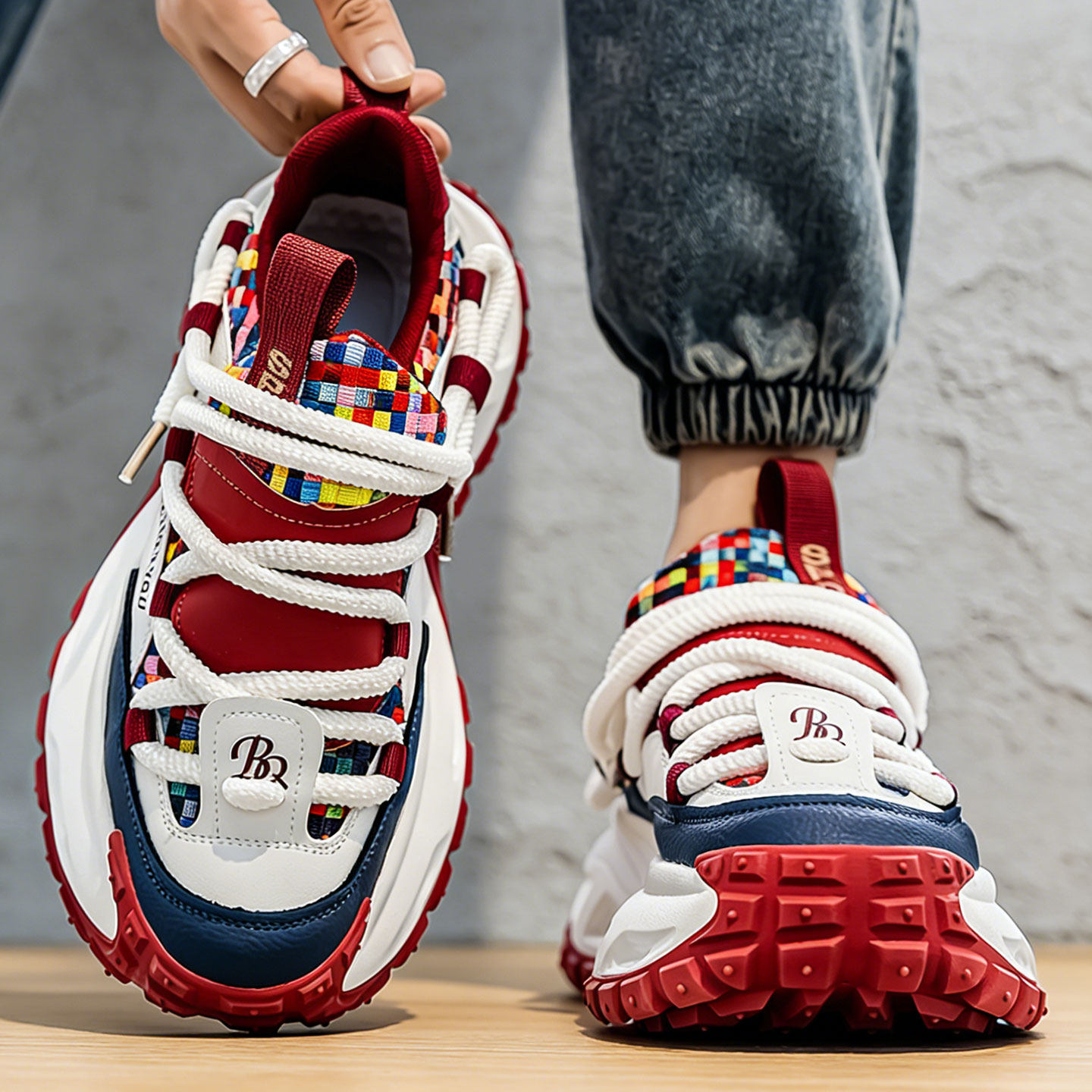 男鞋青少年潮牌百搭运动鞋防滑轮胎底男士增高马年红色休闲老爹鞋主图