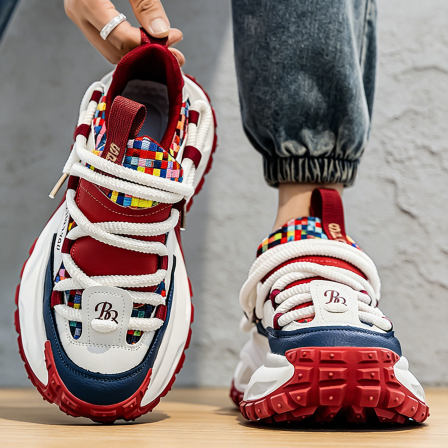 男鞋青少年潮牌百搭运动鞋防滑轮胎底男士增高马年红色休闲老爹鞋