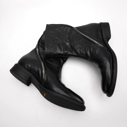 NO LOGO / 斜拉链 *手抓头层牛皮 真皮褶皱增高尖头切尔西靴