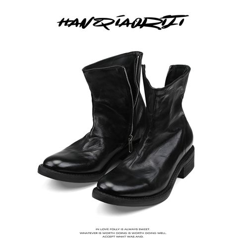 韩桥日记「黑血系列」-"流浪"进口水洗马皮复古尖头黑色切尔西短靴主图