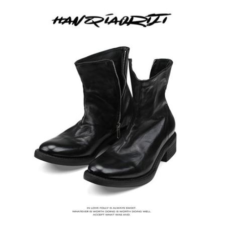 韩桥日记「黑血系列」-"流浪"进口水洗马皮复古尖头黑色切尔西短靴