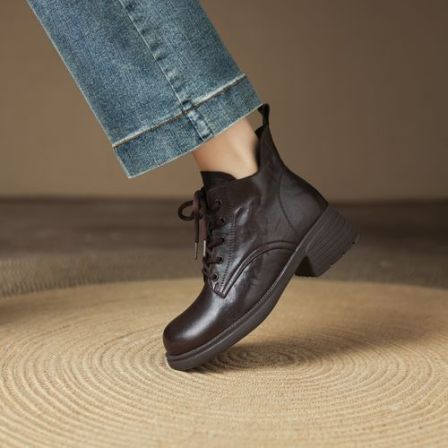 头层羊皮百搭圆头马丁靴秋冬低跟中跟防滑舒适女粗跟