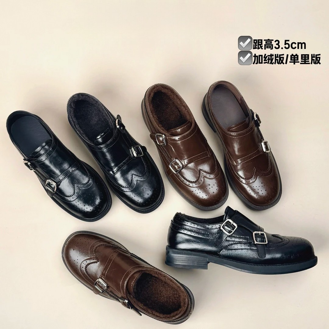 真皮乐福鞋2026复古布洛克雕花一脚蹬加绒英伦风皮鞋圆头时尚女鞋主图