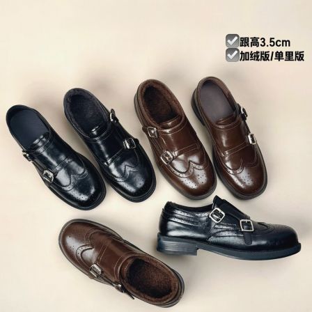 真皮乐福鞋2026复古布洛克雕花一脚蹬加绒英伦风皮鞋圆头时尚女鞋