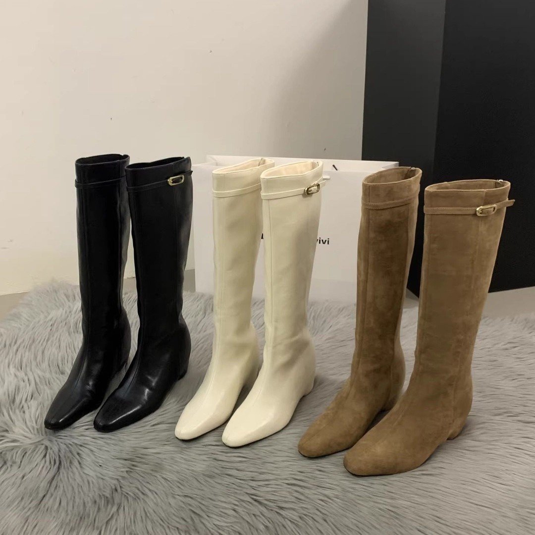 内增高长筒骑士靴女靴子2026新款秋冬季加绒显瘦高跟中筒白色长靴主图