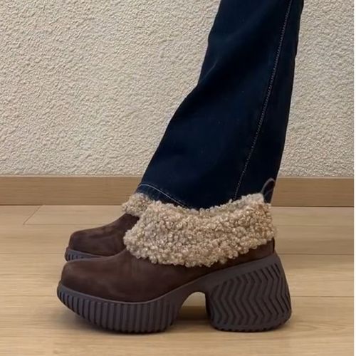 羊皮版~复古厚底单鞋女新款加绒一脚蹬增高粗跟毛毛鞋乐福鞋棉鞋主图