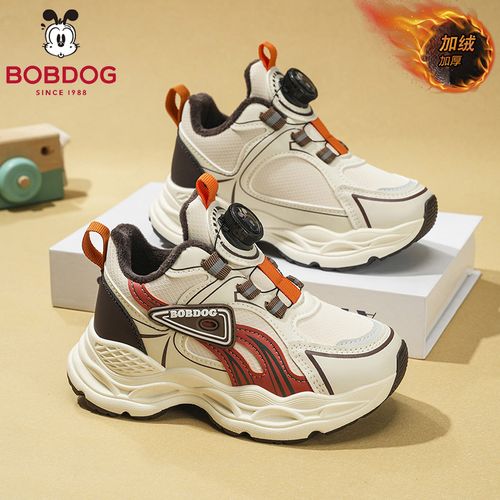 Bobdog/巴布豆冬季皮面加绒休闲鞋透气减震旋转纽扣男女童潮流鞋主图