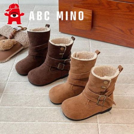 ABC MINO女童鞋子加绒短靴2025新款冬季儿童保暖皮靴中大童雪地靴