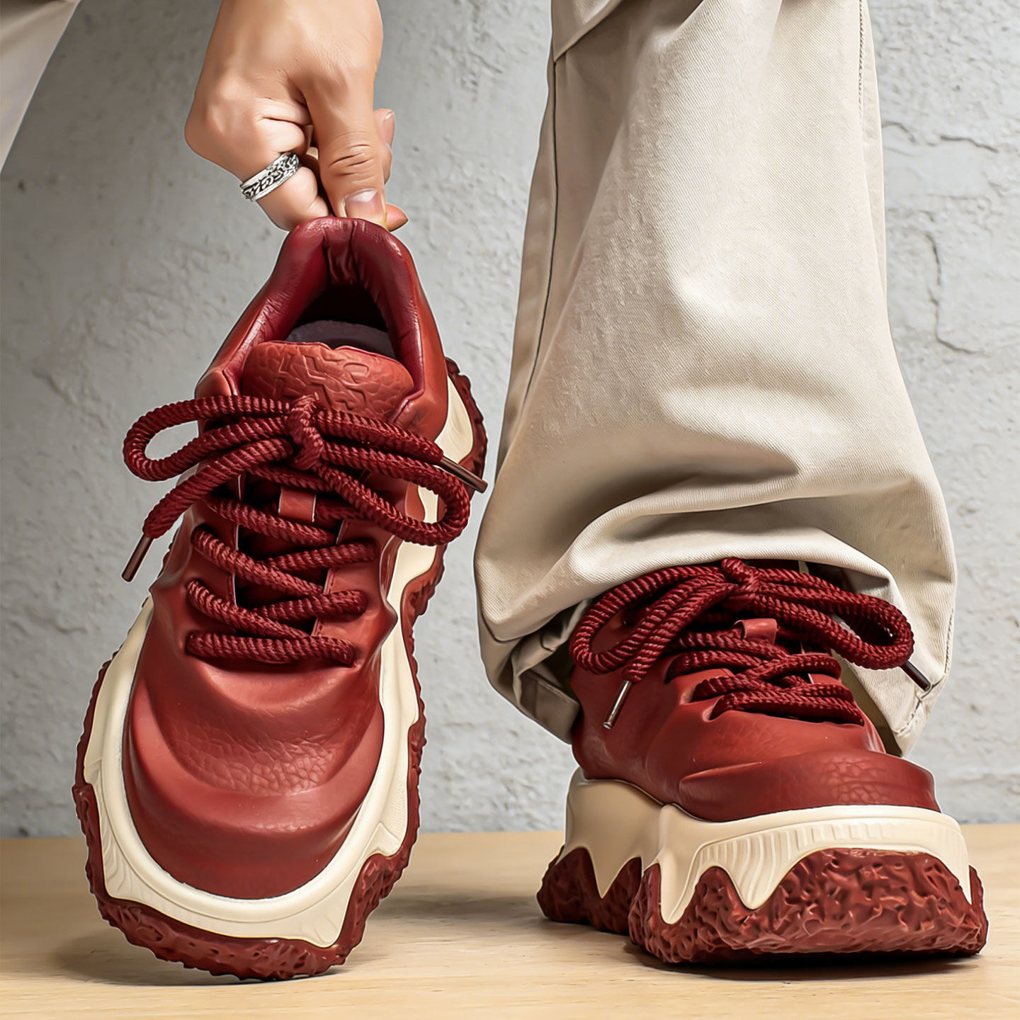 红鞋2026马年男士本命年鞋子男款真皮运动鞋高级感潮流红色老爹鞋主图