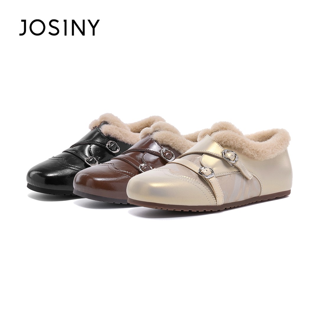 卓诗尼英伦风方头平底加绒小皮鞋女2025冬季新款时尚百搭保暖单鞋主图