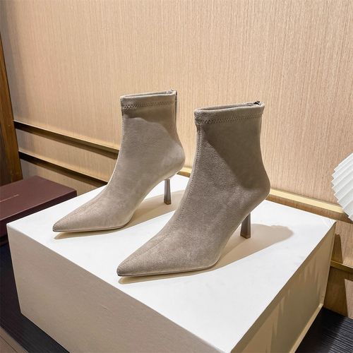 巨显瘦~尖头女人味绒面尖头瘦瘦靴细跟高跟短靴弹力靴后拉链女靴主图