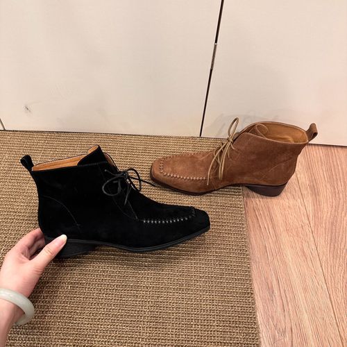 半坊手工女鞋|34-40码|3cm|真皮绒面复古英伦方头粗跟短靴女主图