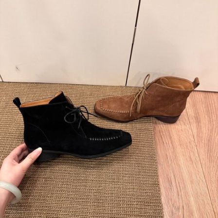 半坊手工女鞋|34-40码|3cm|真皮绒面复古英伦方头粗跟短靴女